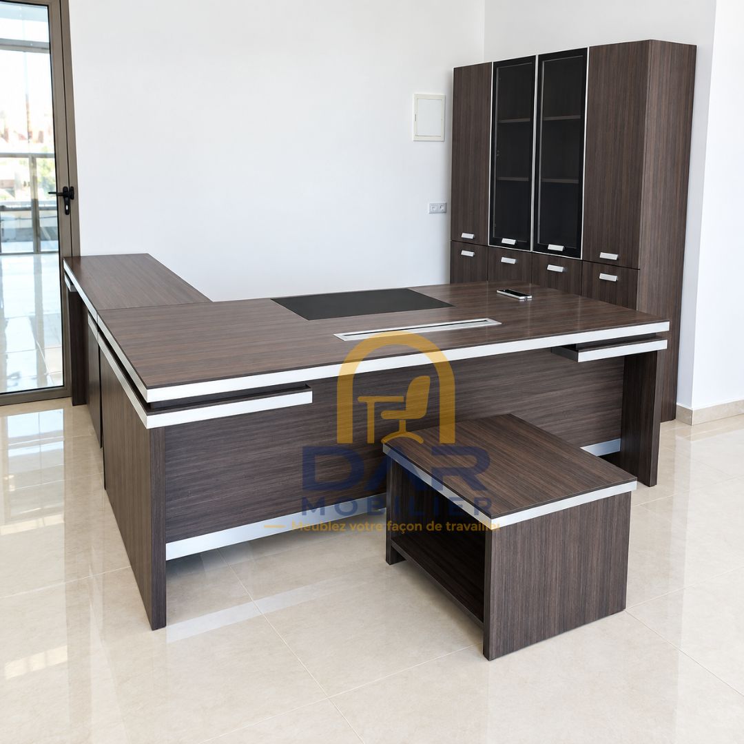 Bureau de direction moderne 2,20 m en MDF avec retour et rangements – DAR MOBILIER